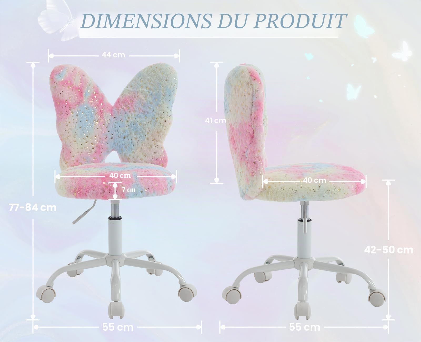 Ya-Home Enfant Fauteuil Pivotante de Bureau Chaise Bureau Fille Papillon, Chaise Enfant Bureau Fille en Fausse Fourrure avec roulettes, Rose