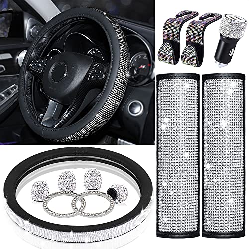 TGFOF 12PCS Bling Car Accessories Set for Women,Bling Steering Wheel Cover,Bling Seat Belt Covers,Bling Auto Hooks,Bling Dual USB Car Charger,Crystal Tire Valve Caps and Engine Start Stop Button Cover