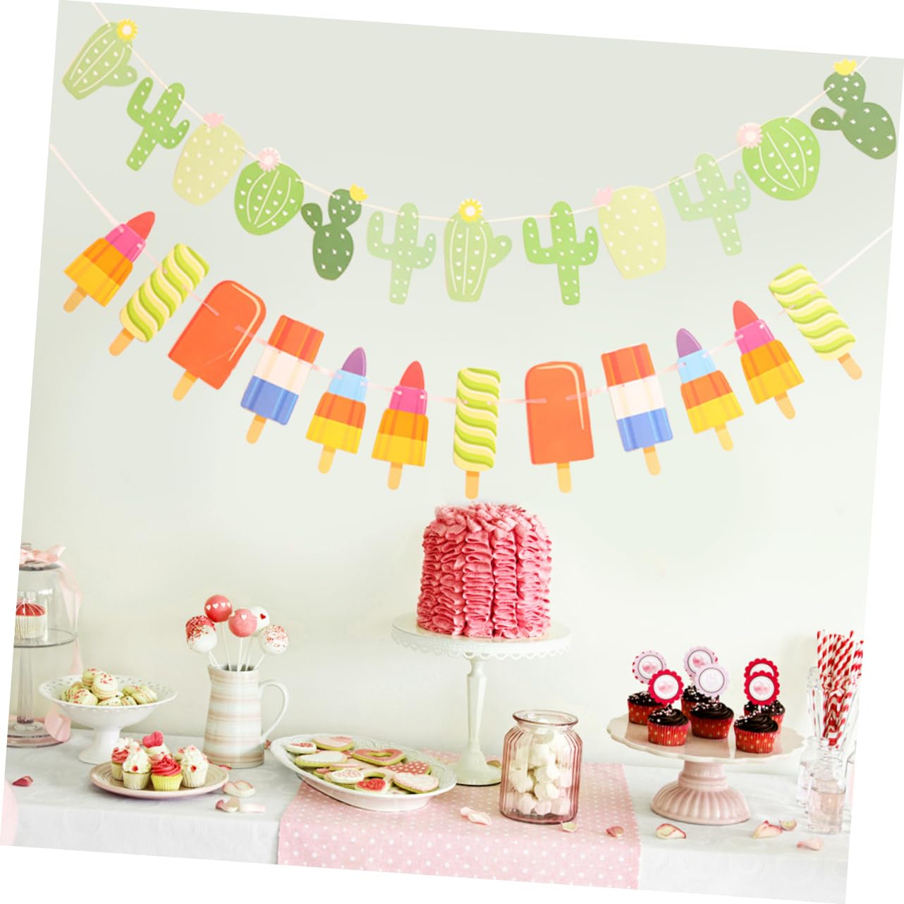 TOYANDONA 6 Pancartas De Feliz Cumpleaños Decoración De Helados Decoración De Verano Cactus Y Helado Banderines De Fiesta Tropical Banderines De Fiesta Banderines Decoración De