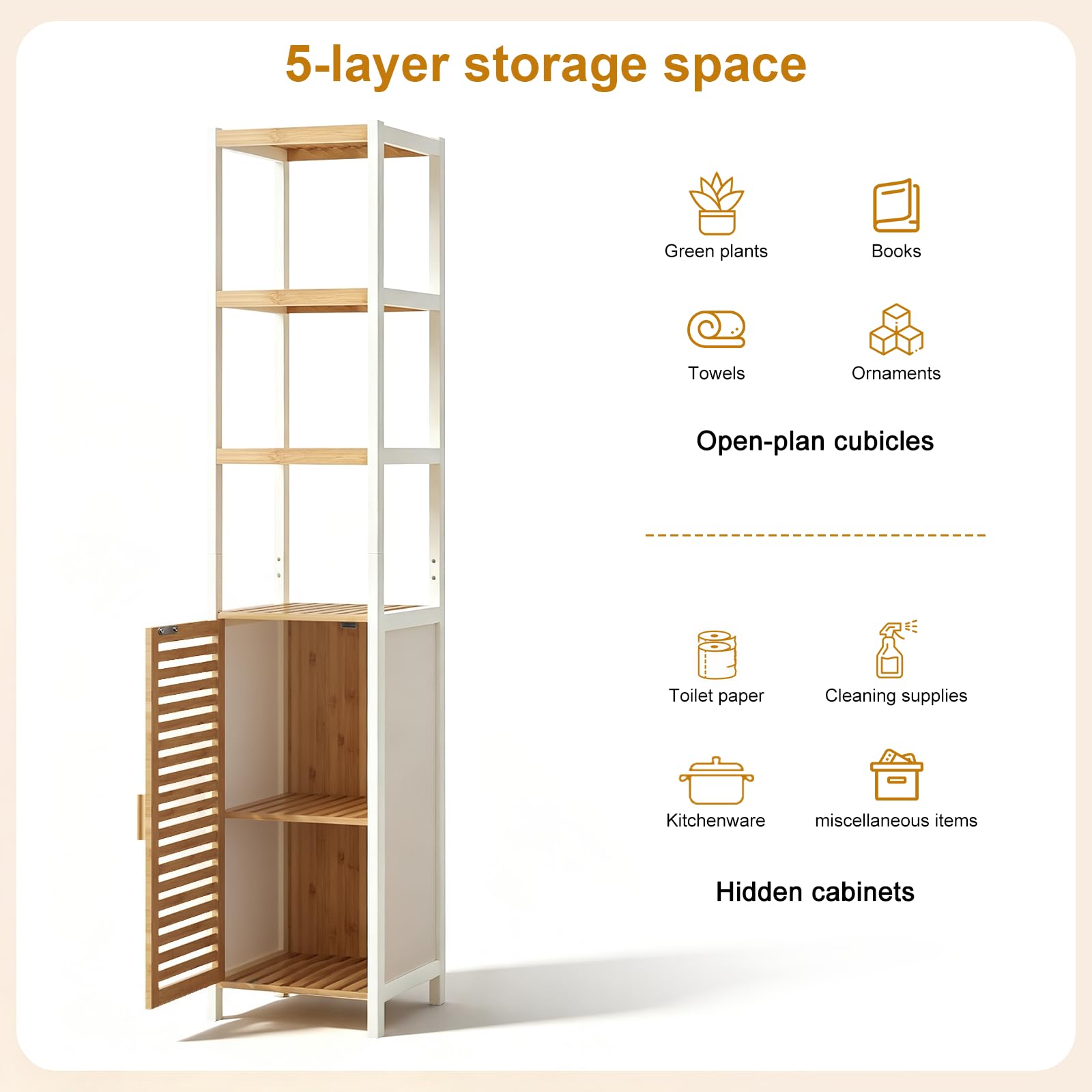 Étagère en Bambou Salle de Bain, Meuble de Rangement en Bambou avec 3 Compartiments Ouverts et Armoire, Aucun Perçage Requis, pour Salle de Bain, Salon, Cuisine, 33 x 33 x 165 cm