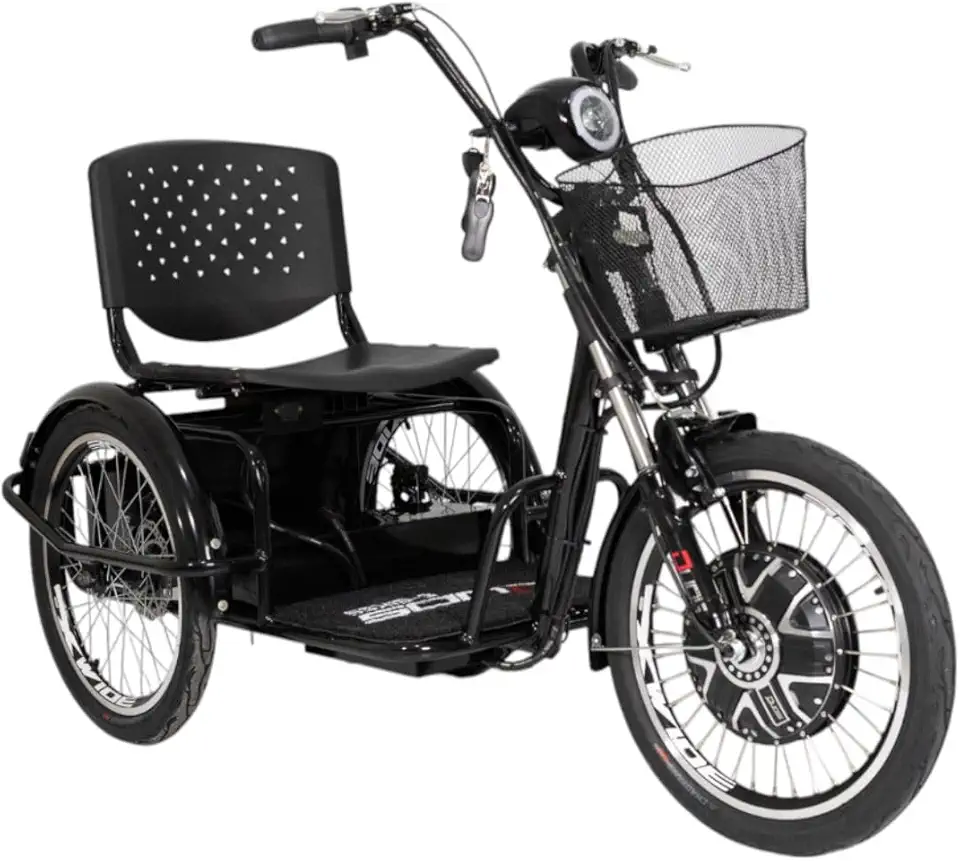 Duos Triciclo Elétrico 800W Ré Farol e Alarme Fox Preto com Cestinha para Adultos e Crianças Mais Velhas
