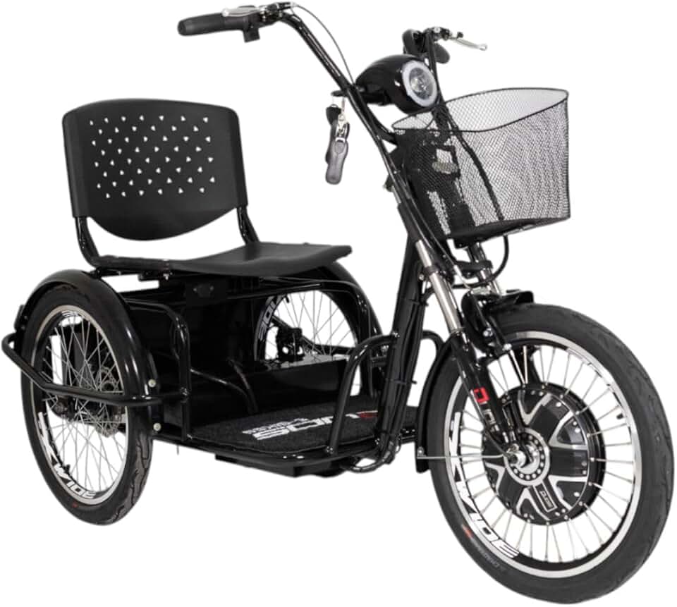 Duos Triciclo Elétrico 800W Ré Farol e Alarme Fox Preto com Cestinha para Adultos e Crianças Mais Velhas