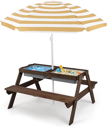 Vista 28 de Costzon Mesa de picnic para niños con cubos sensoriales, mesa de arena y agua 4 en 1 con paraguas de altura ajustable, mesa extraíble para jugar al