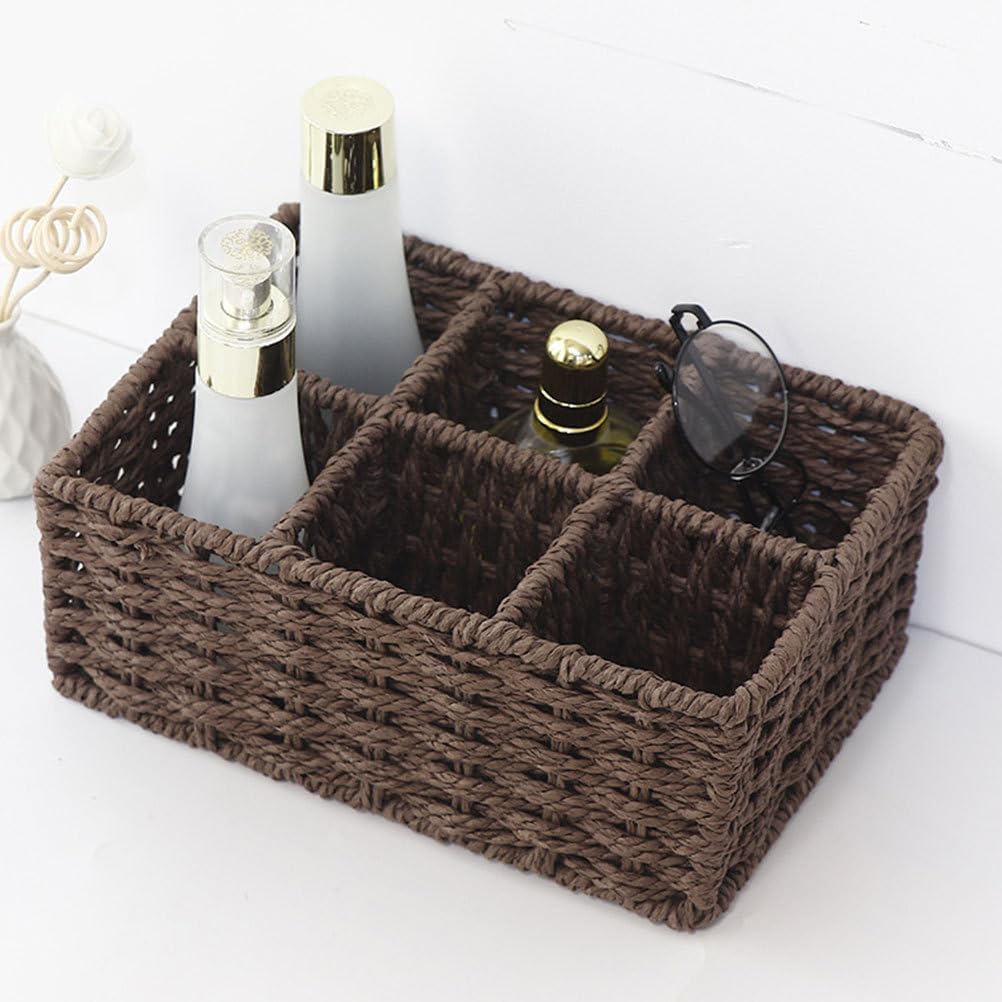 Rattan Storage Basket Wicker Divided Basket 6 Sections Bins Rustic Tea Bag Organizer for Organizing Kitchen Bathroom Office Desk Coffee