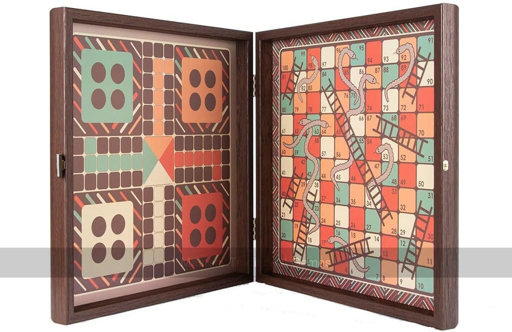 Manopoulos Chess, Backgammon, Ludo, Snakes and Ladders Wooden Games Compendium (Brown)