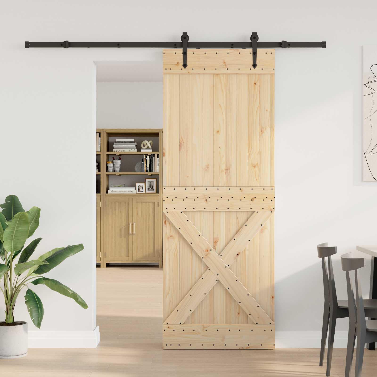 Narvik - Porta scorrevole in legno di pino massiccio, 85 x 210 cm, design loft, con sistema a binario, porta scorrevole salvaspazio per interni