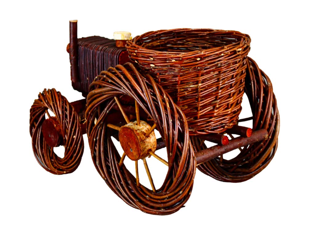 Panier à Fleurs en Osier Forme Tracteur – Panier à Plantes – Support Pot de Fleurs – Décoration Jardin – Foncé, 51 x 28 x 28 cm, Ø 25 cm