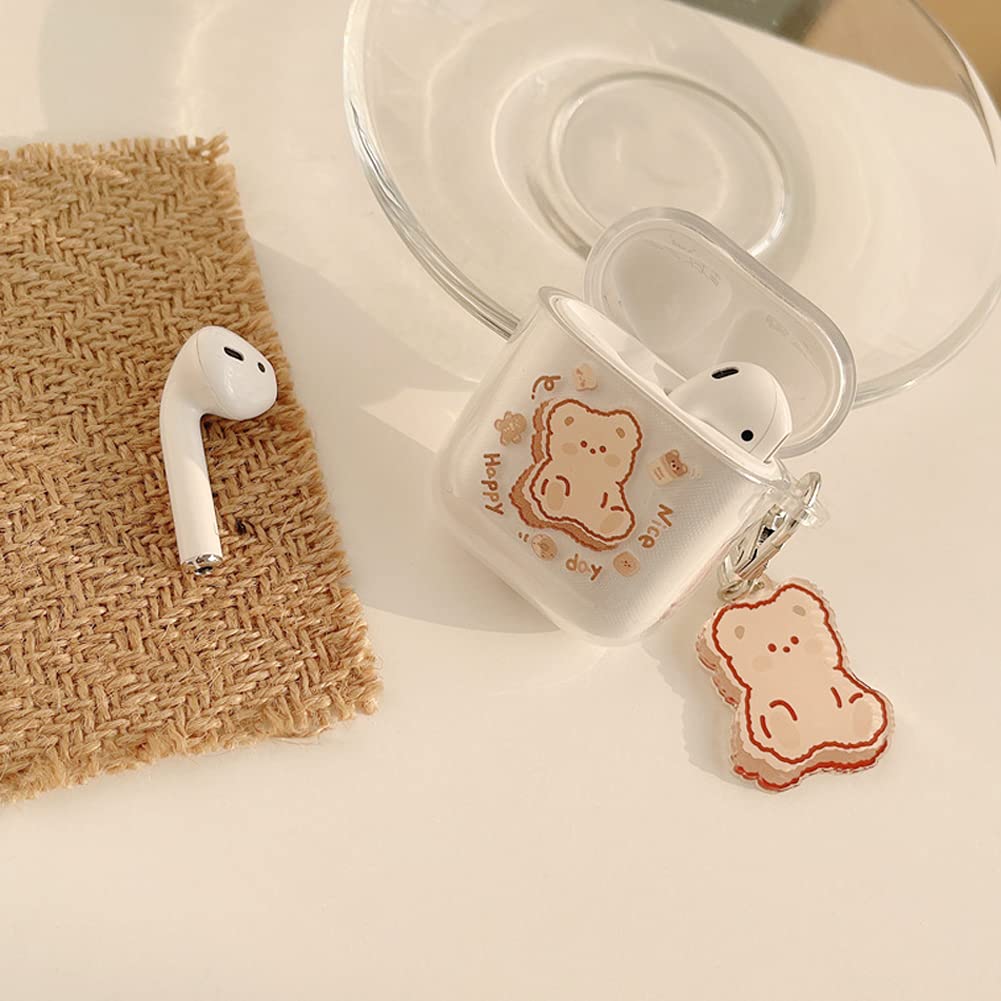 Aleviker Clear AirPods Case with Bear Keychain Cute Cartoon Bear Design Full Protective Silicone Cover Compatiable with AirPod 2&1 Case for Kids and Womens (Brown)