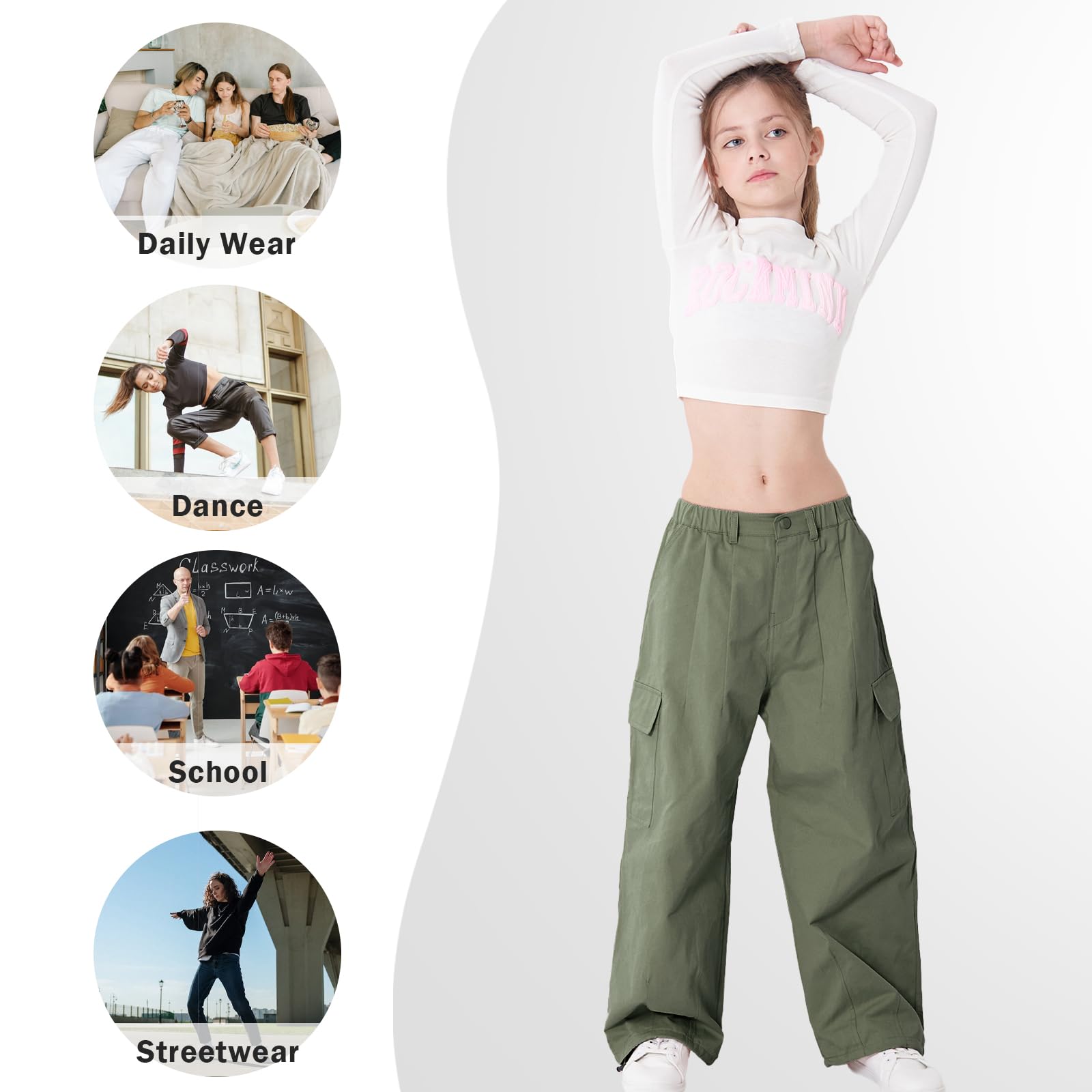 Rolanko Pantalon Cargo pour Filles, Pantalon Baggy en Coton à Taille Elastiquée avec Plusieurs Poches pour Les Enfants de 6 à 15 Ans