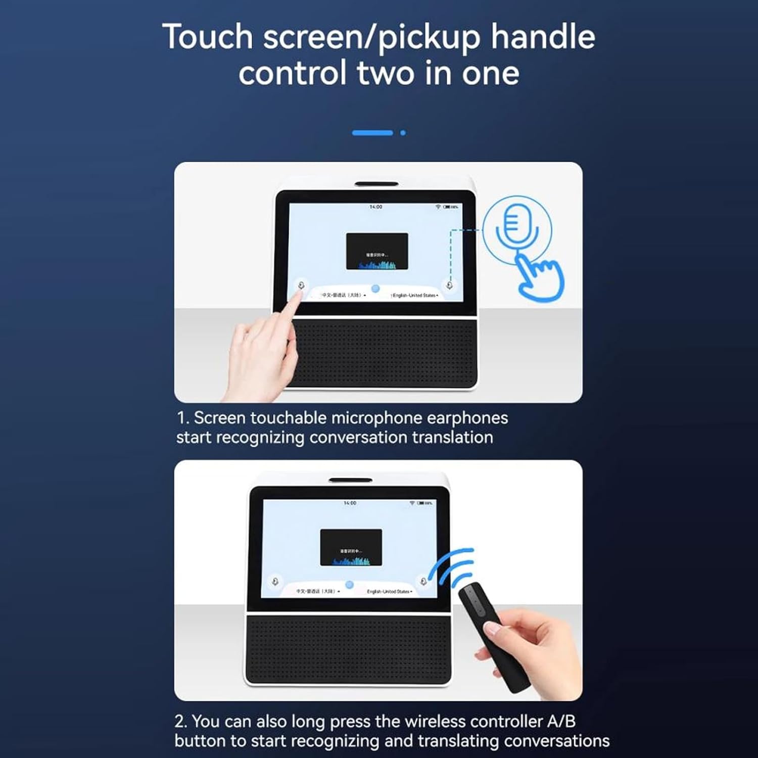 Language Translator Device with 7 Inch Dual Touchscreen, 2 Way Voice Portable Translator Device with 121 Languages, Wired Desk Translation Device with Pickup Remote for Business