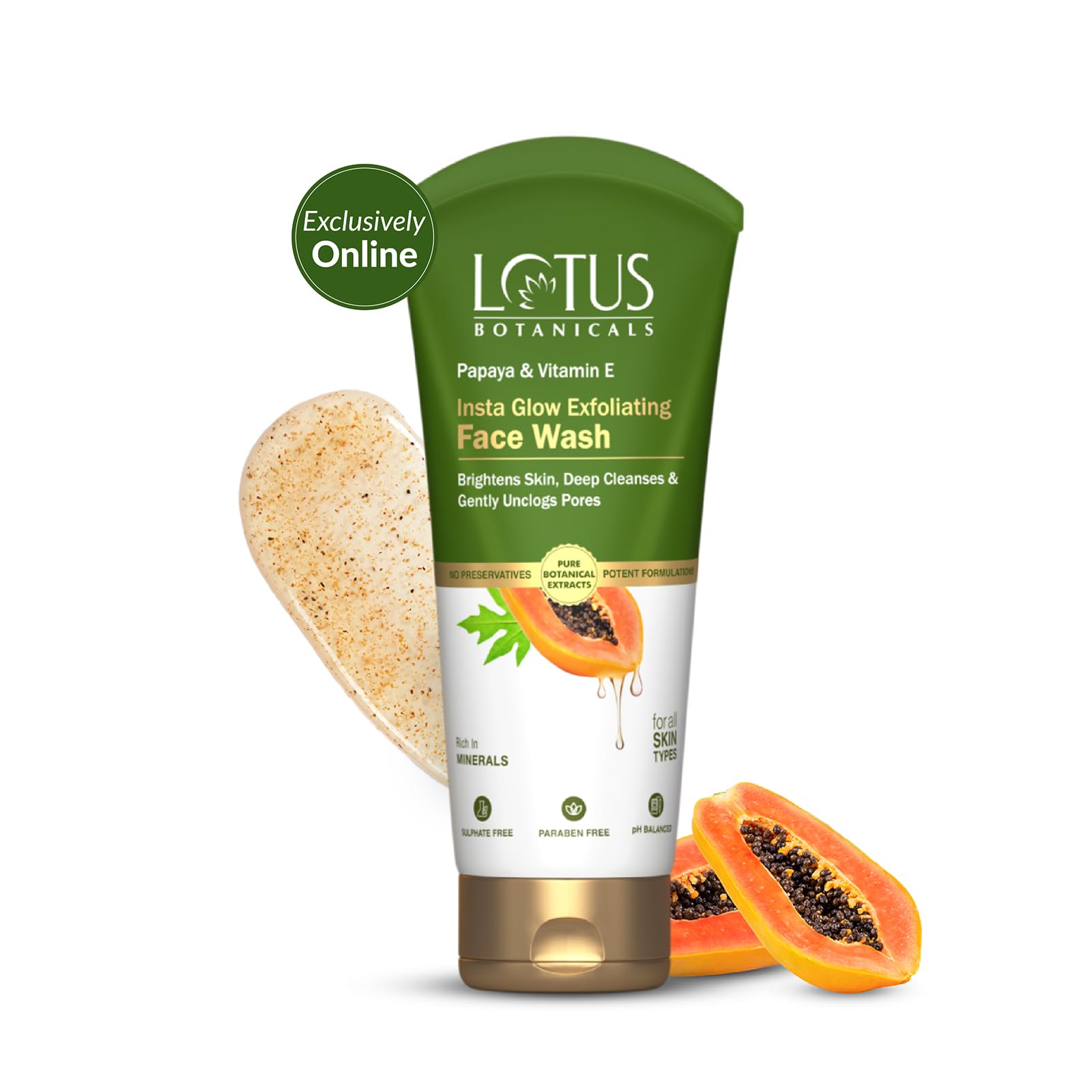Lotus Botanicals Papaya & Vitamin E Insta Glow Exfoliating Face Wash | Brightens Skin | Deep Cleanses & Gently Unclogs Pores | Rich in MINERALS | Suitable for All Skin Types | 100ml