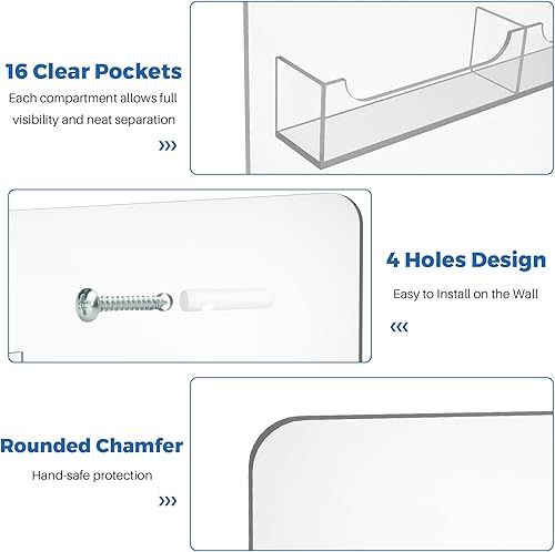 Miniatura 6 de Organizador de exhibición de calcomanías montado en la pared, estante de acrílico transparente de 16 bolsillos, fácil de instalar para calcomanías,