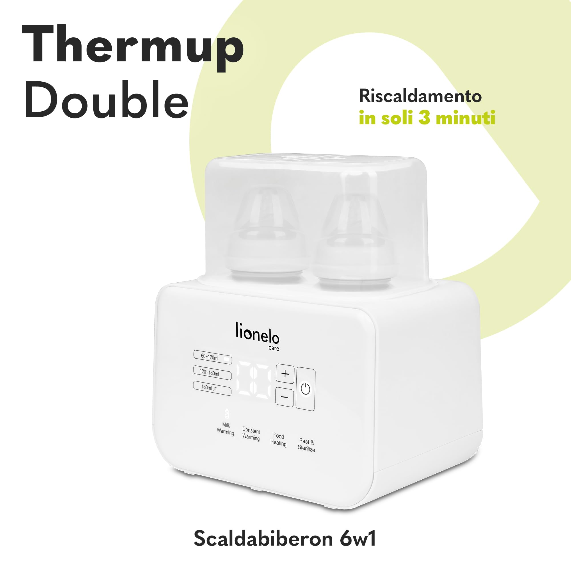 LIONELO Thermup Double scaldabiberon elettrico doppio, Sterilizzatore, scalda pappe e biberon, scongelamento latte, riscaldamento rapido 3-5 minuti, 6 funzioni