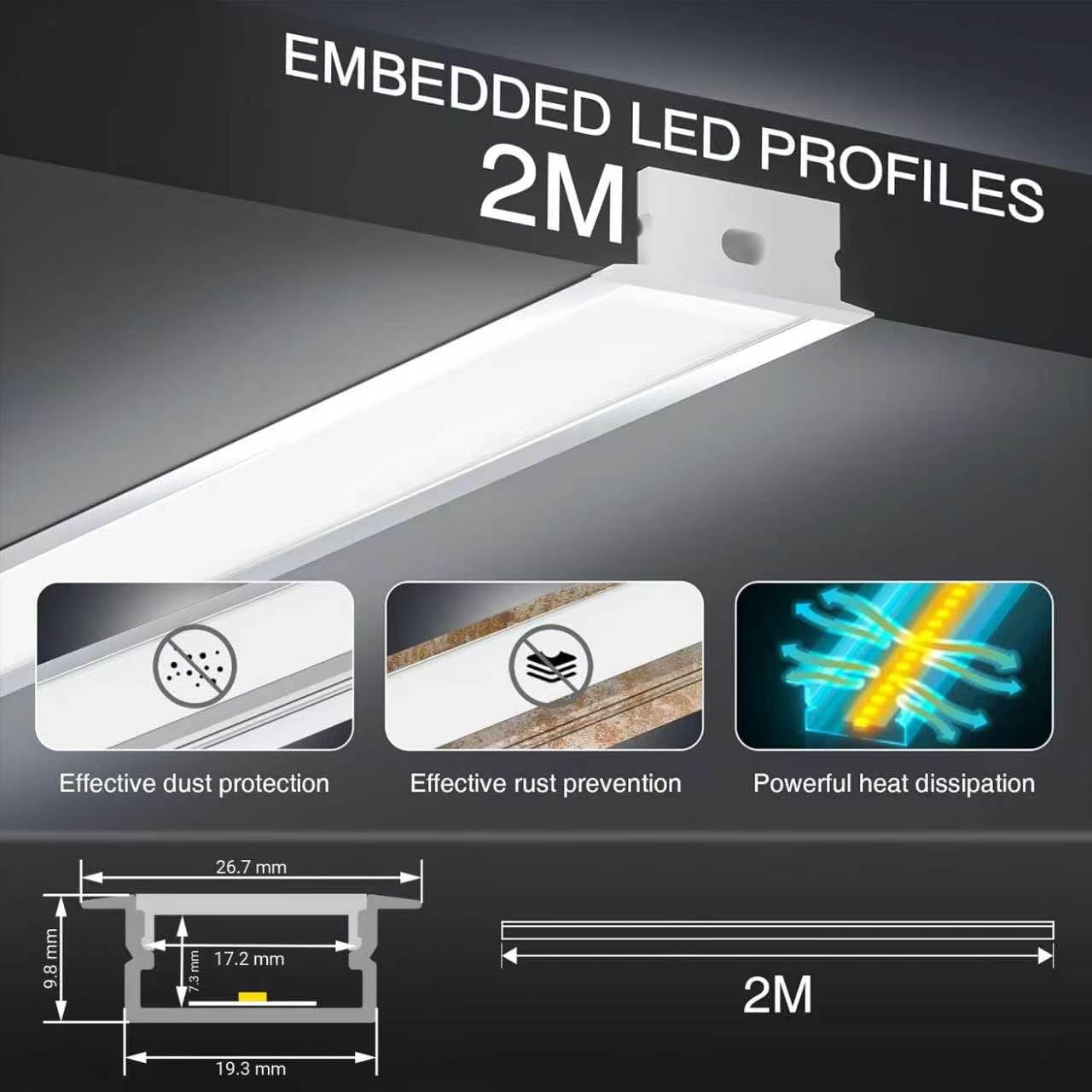 Profilo LED da incasso in alluminio, profilo a U con diffusore lattiginoso, kit di installazione in alluminio per strisce LED da 15 mm, incluse coperture di protezione e clip metalliche.