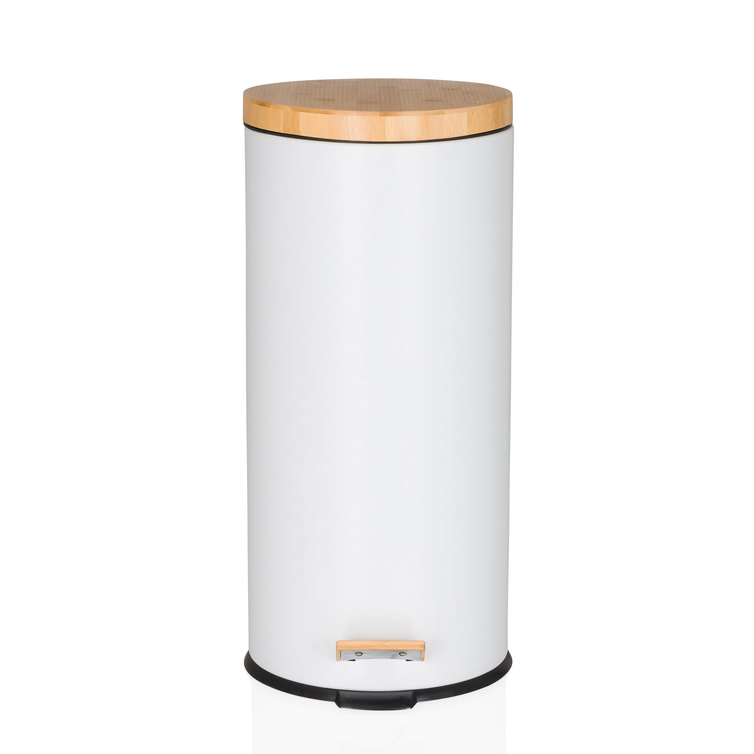 hjh OFFICE Cubo de basura 30 litros, cubo de pedal con tapa de bambú, cierre suave CLEAN BAMBOO cubo de basura de metal con cubo interior, blanco mate
