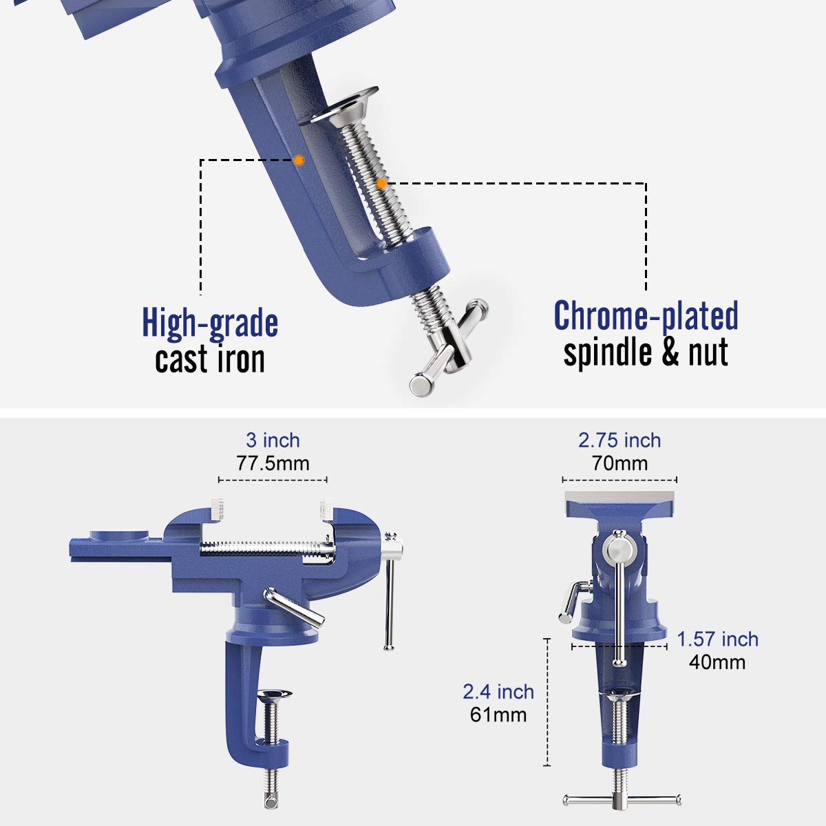 Housolution Morsa da tavolo ganasce 70 mm pinza testa girevole 360° multi angolo con incudine morsa a ventosa base per utensili fai da te portatile
