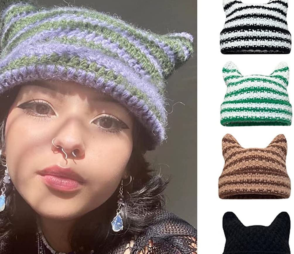 Vrouwen kat oor muts wol gevlochten gebreide trendy winter warme pet, Grijs, Eén Maat
