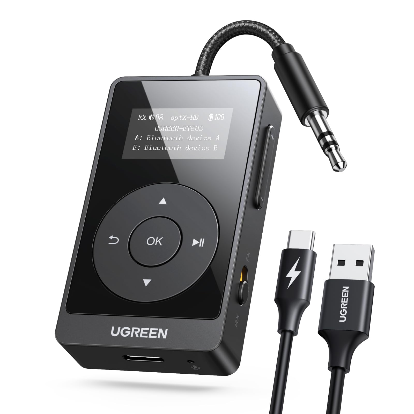 UGREEN Ricevitore Trasmettitore Bluetooth 5.3 aptX HQ Adattatore Bluetooth 2 in 1 Audio Jack da 3,5 mm per Auto Aereo TV PC Altoparlante Amplificatore