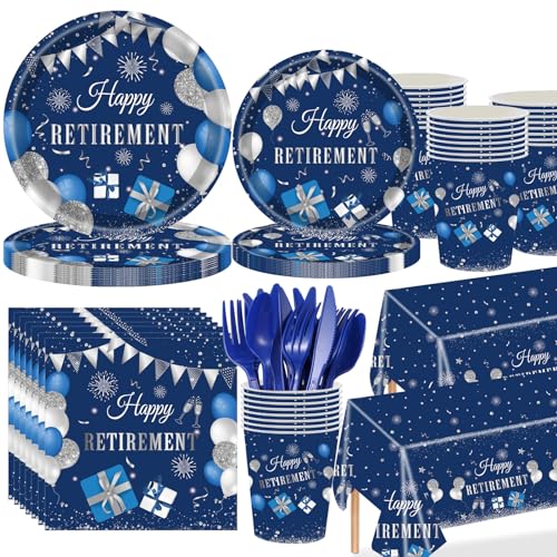 Yungyan TG-YUNGYAN-54963 194 Pcs Retirement Party Decorations Disposable Happy Retirement Plates And Napkins Tablecloth Cups Tableware Decorations Favors Set cover