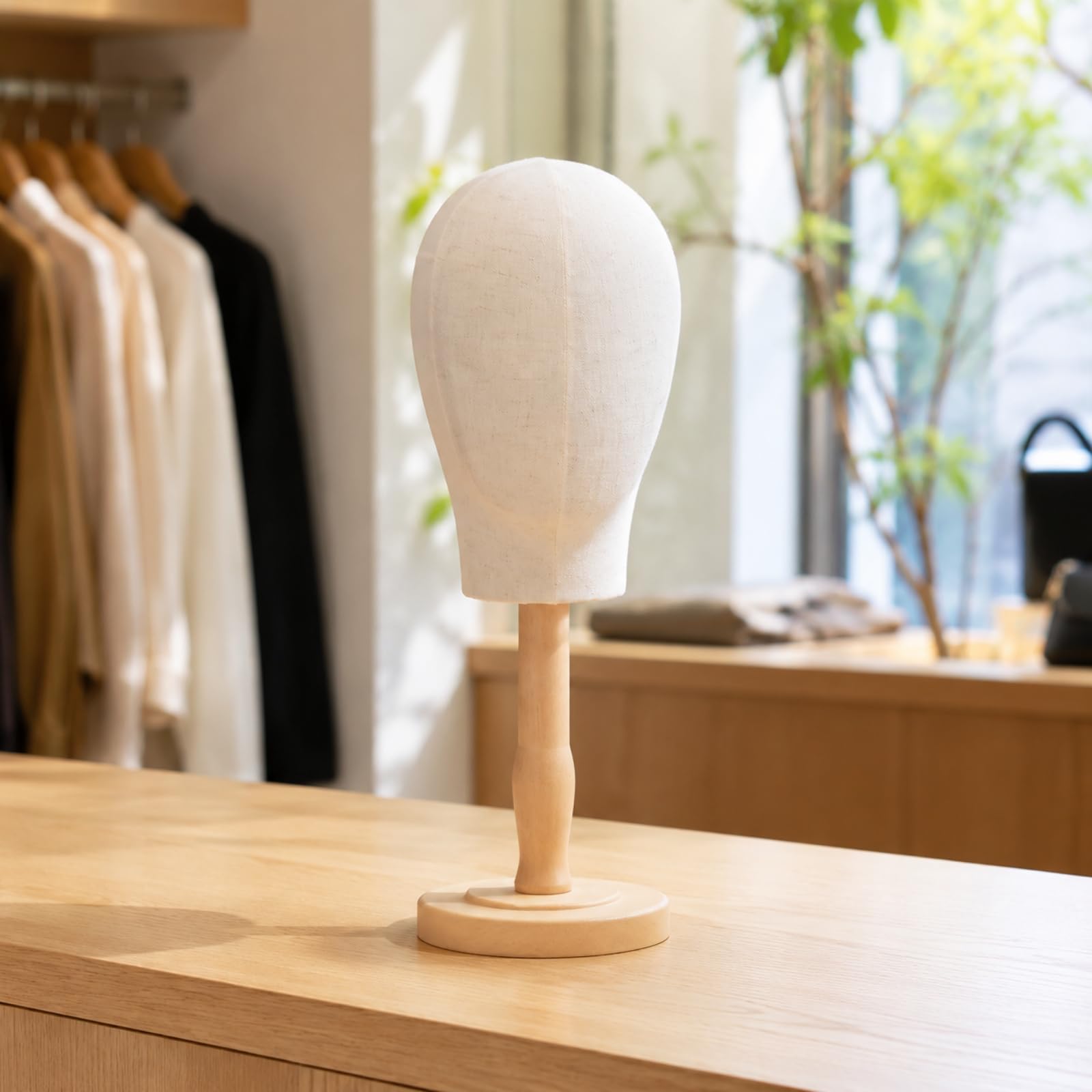 hutdisplay mit kopfform stabil huthalter mit rundem standfuß schlicht hutständer rundfuß für schaufenster , Antikbraun , Mittel