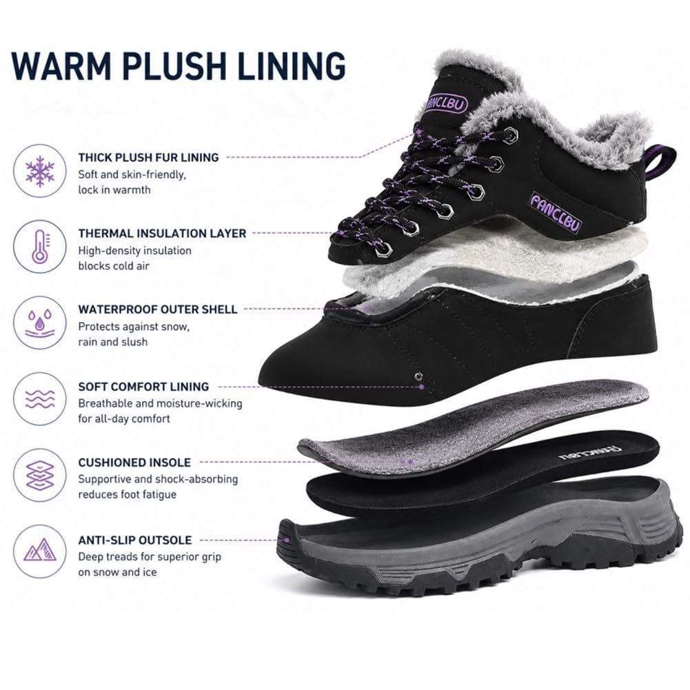 UIKGITP Botas deportivas de invierno impermeables para mujer, botas de nieve con forro de piel, botas de tobillo cálidas sin cordones, elegantes y mullidas para senderismo para mujer
