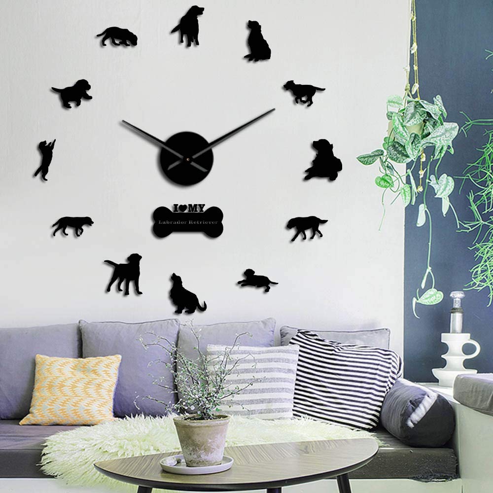 XDG The Labrador Retriever Large Wall Clocks Dog Breed Labrador DIY Wall Art With Mirror Acylic Sticker Mirror Effect Big Hands Clock (Black、47 inches)