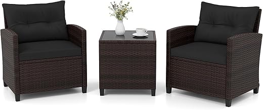GIANTEX Rattan Gartenmöbel Set, Balkonmöbel Kleiner Balkon, Lounge Gartenmöbel Set, Balkon Möbel für 2 Personen, Gartenlounge Set 2 Sessel & Tisch, 3 tlg. Gartensitzgruppe inkl....