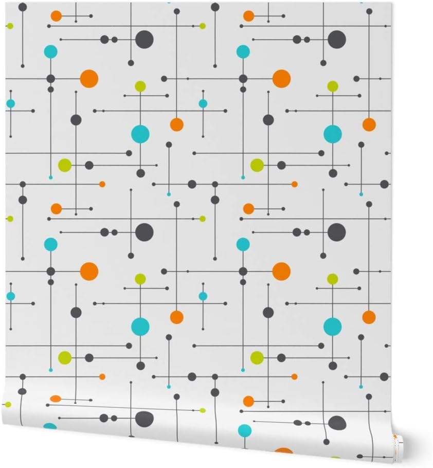Peel & Stick Wallpaper Swatch - Midcentury Modern Orange Grey Turquoise Gray Lime Green Aqua Custom Removable Wallpaper by Spoonflower