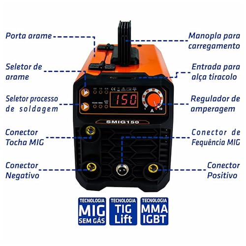 Maquina De Solda Inversora Mig Sem Gás 150 Amperes Tig Eletrodo + Arames De 1kg 0.8mm Para Uso Sem G