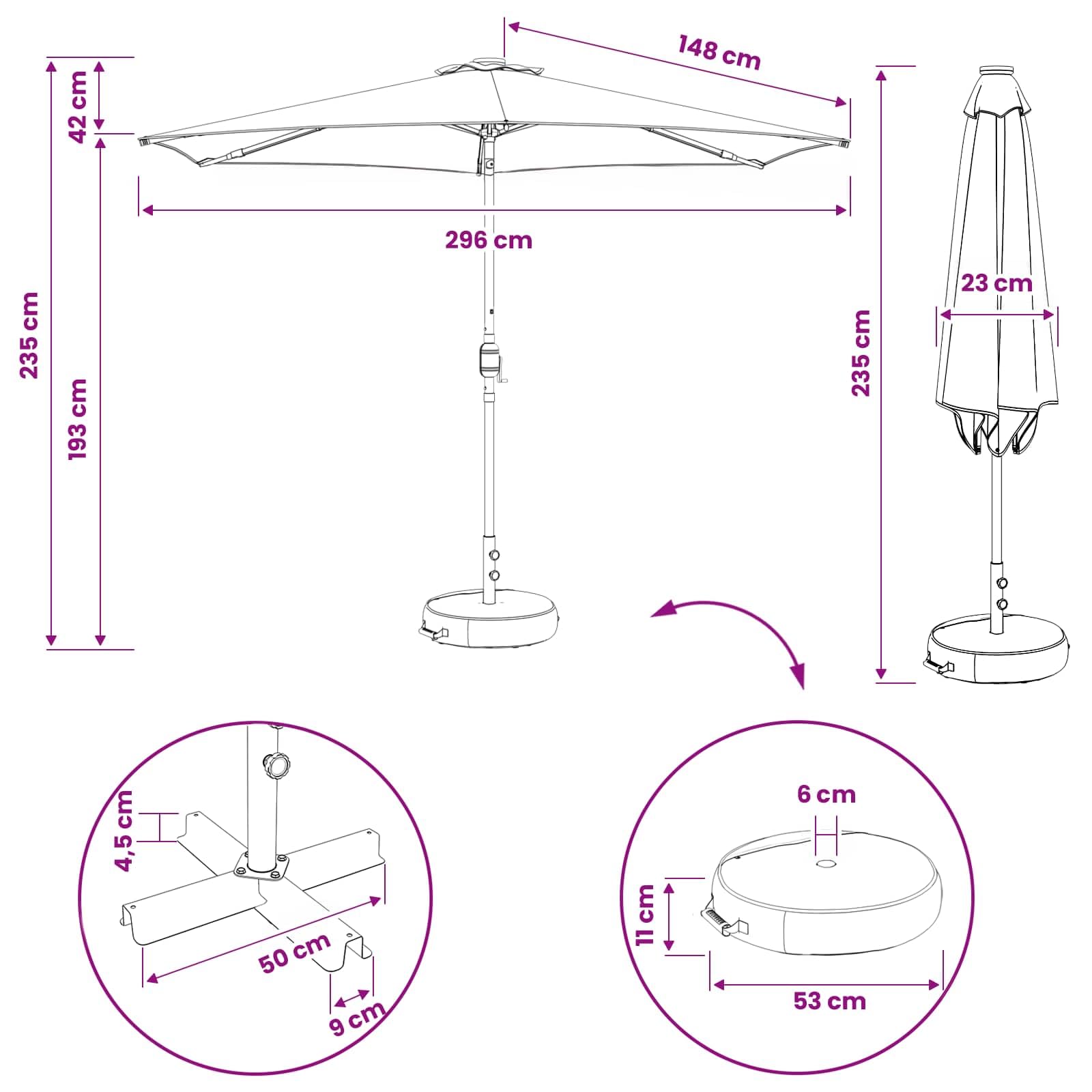 vidaXL Parasol ogrodowy z oświetleniem LED i podstawą 300 x 300 cm