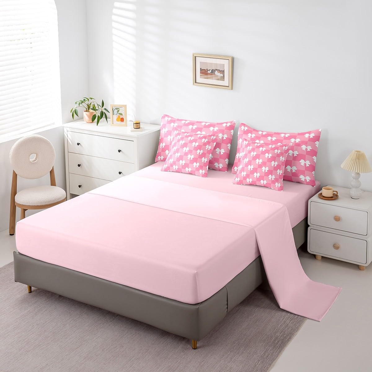 Feelyou Bowknot Bedding Set Queen Size Dreamy Princess Style Comforter Set 7 Pieces Pink Plaid Cute Bow Girly Geometric Bed in a Bag Kawaii Bow-tie Bed Set with Comforter, Sheet Set, Pillowcases