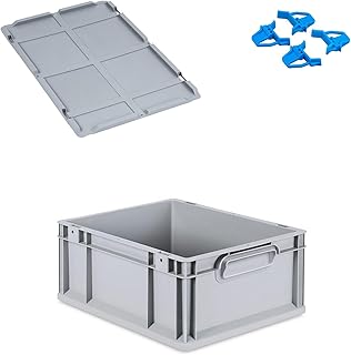 Eurobox 16L Aufbewahrungsbox mit Deckel Stapelbar 40x30x17 cm Stapelbox Grau Kunststoff Box Aufbewahrung Plastikbox Lagerbox Kunststoffbox Plastik (Verschluss Blau, ohne Griff)