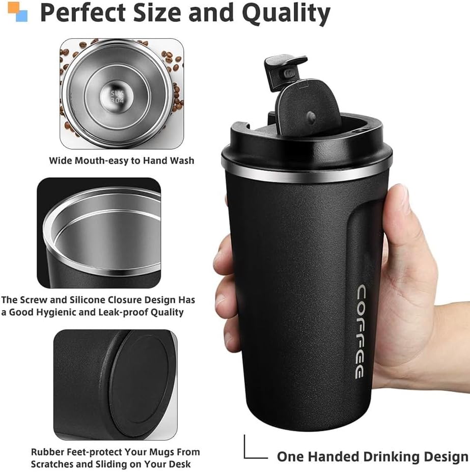 Miniatura 6 de Taza de café, termo de viaje, termo al vacío, taza aislada, botella de agua de té con leche, taza de café de acero inoxidable de 17.2 fl oz (negro)