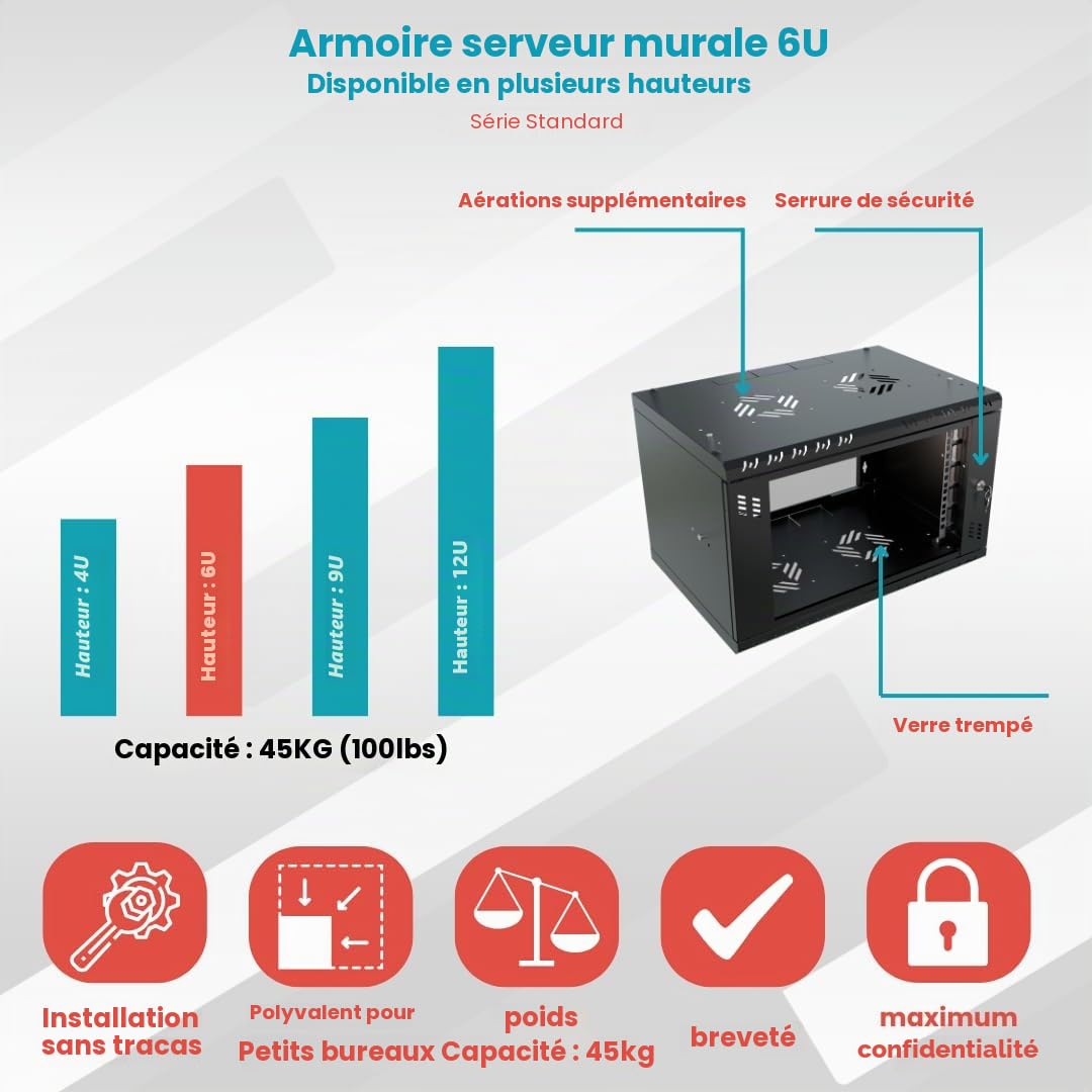 Armoire Réseau 19 Pouces - Baie Informatique 6U - Baie de Brassage pour Montage Mural - Capacité de Charge 40 kg - Profondeur 450 mm - Armoire Informatique - Noir