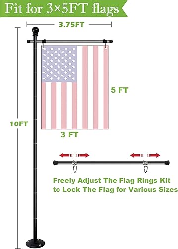Miniatura 7 de Koutemie Soporte de asta de bandera de jardín de 10 pies con base de metal para banderas estadounidenses de 3 x 5, kit de soporte ajustable y