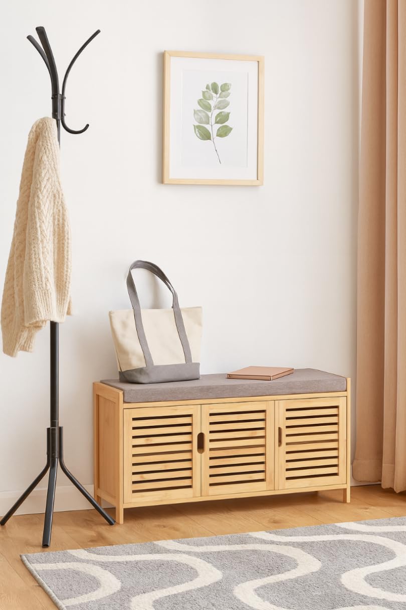 Scarpiera in bambù con panca da seduta, scarpiera con 3 scomparti, cuscino, mobiletto per scarpe, per ingresso, corridoio, 50 x 90 x 35 cm (Grigio)