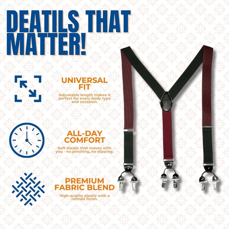 Image of The Tie Hub Suspenders for Men | Slim Clip-On Y-Back Elastic Braces | Adjustable 1.25 Inch | Formal Wedding Office