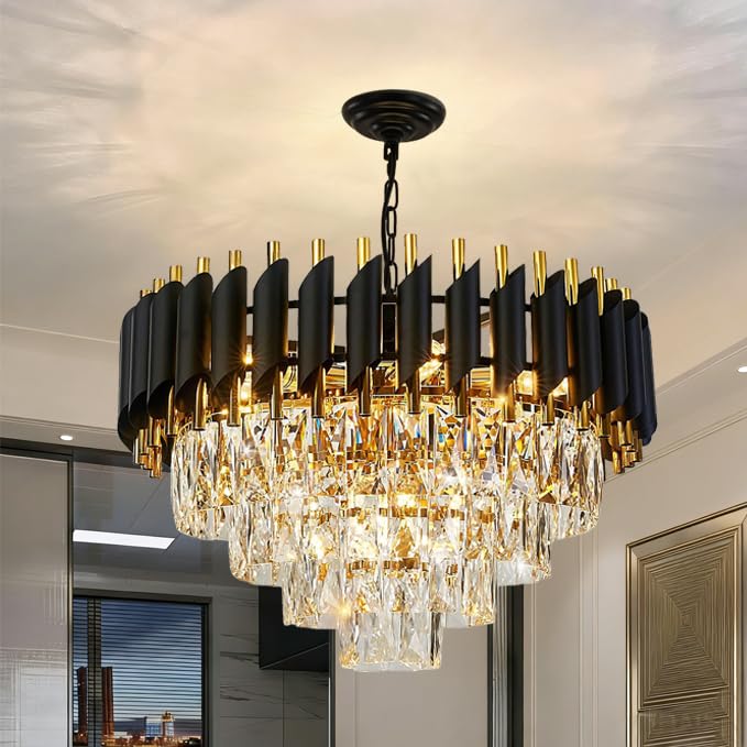 ZSMINGHUI Black Crystal Chandelier, 20 Inch Black and Gold Pendant Light 4-Tier with K9 Crystals Chandeliers for Dining Room, Bedroom, Kitchen Island,