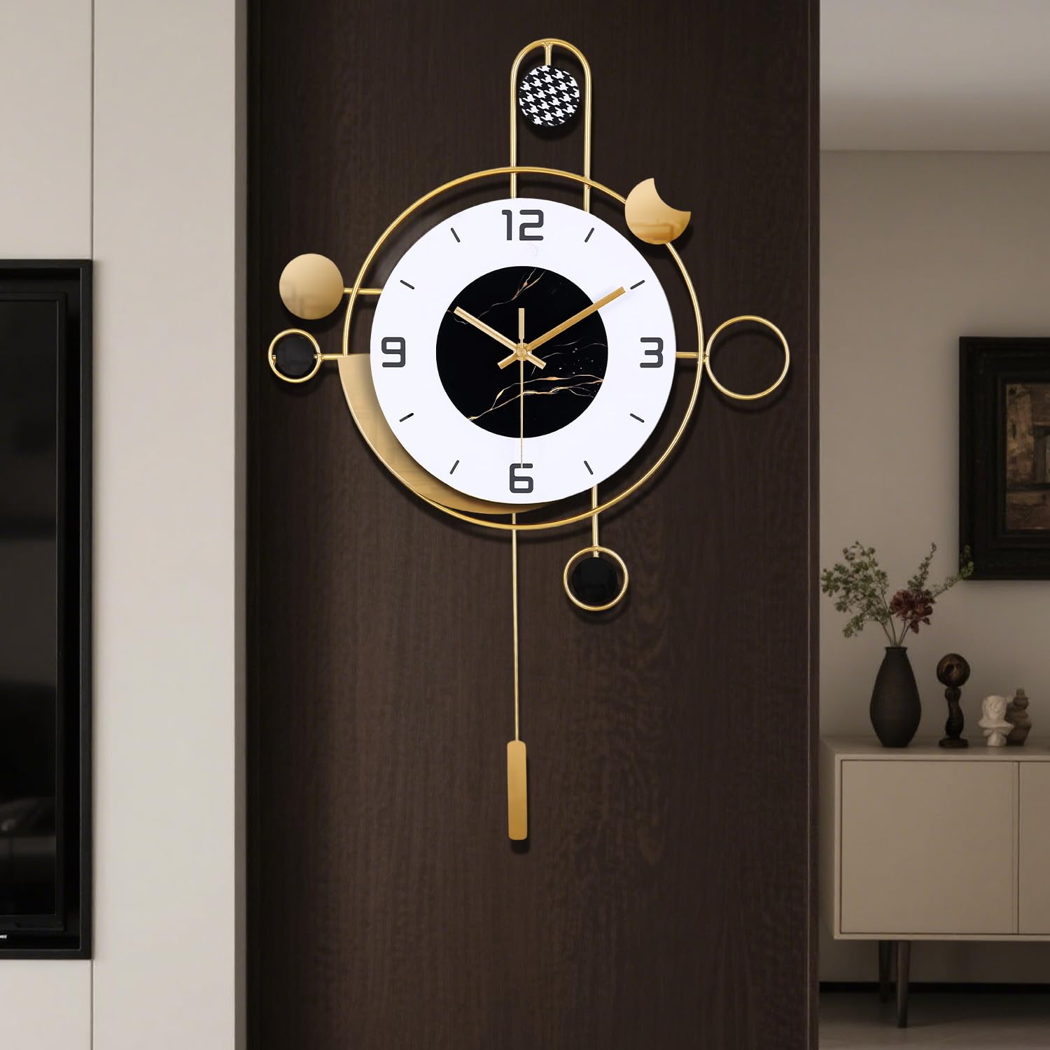 Gilacco Wall Clock with Pendulum,Silent Non Ticking Battery Operated Modern Large Wall Clocks for Living Room Bedroom Farmhouse Office Kitchen Home Wall Decor-40x55CM(Golden White)