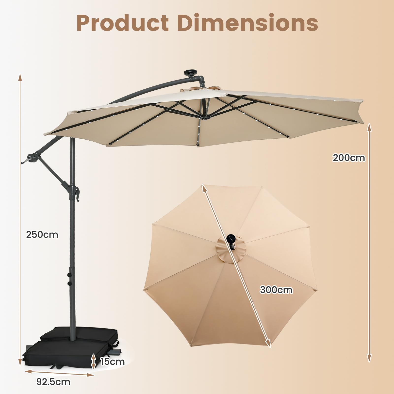 KOMFOTTEU Parasol ogrodowy 3 x 3 m z diodami LED i panelem słonecznym, parasol przeciwsłoneczny z piaskowymi workami, odporny na promieniowanie UV, wodoodporny, regulowany kąt, z korbą (beżowy)