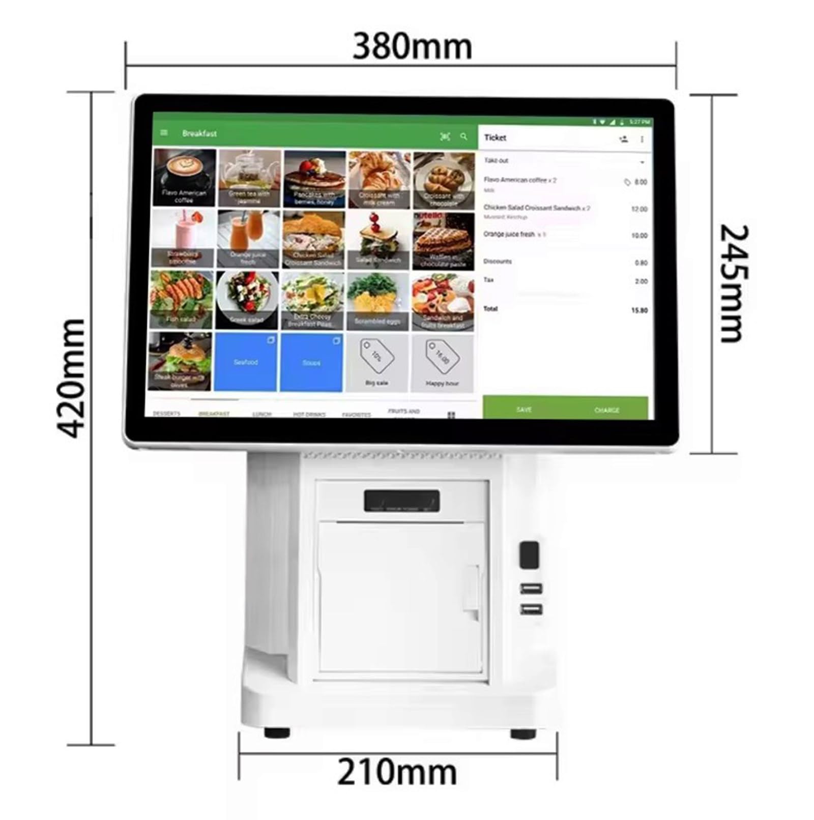 Caisse Enregistreuse Intelligente, Caisse Enregistreuse Pos avec 15.6" Double écran Tactile, Imprimante 58mm Intégrée, 8 Go de RAM, SSD 128 Go, Système Caisses Pos pour Petites Entreprises