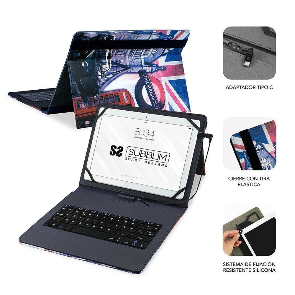 Custodia Subblim per Tablet Android con Tastiera Cover Resistente - Tastiera Integrata in Spagnolo - Tasti Grandi e Distanziati - Accesso Esclusivo ai Pulsanti e Porta di Ricarica - Colore Beige