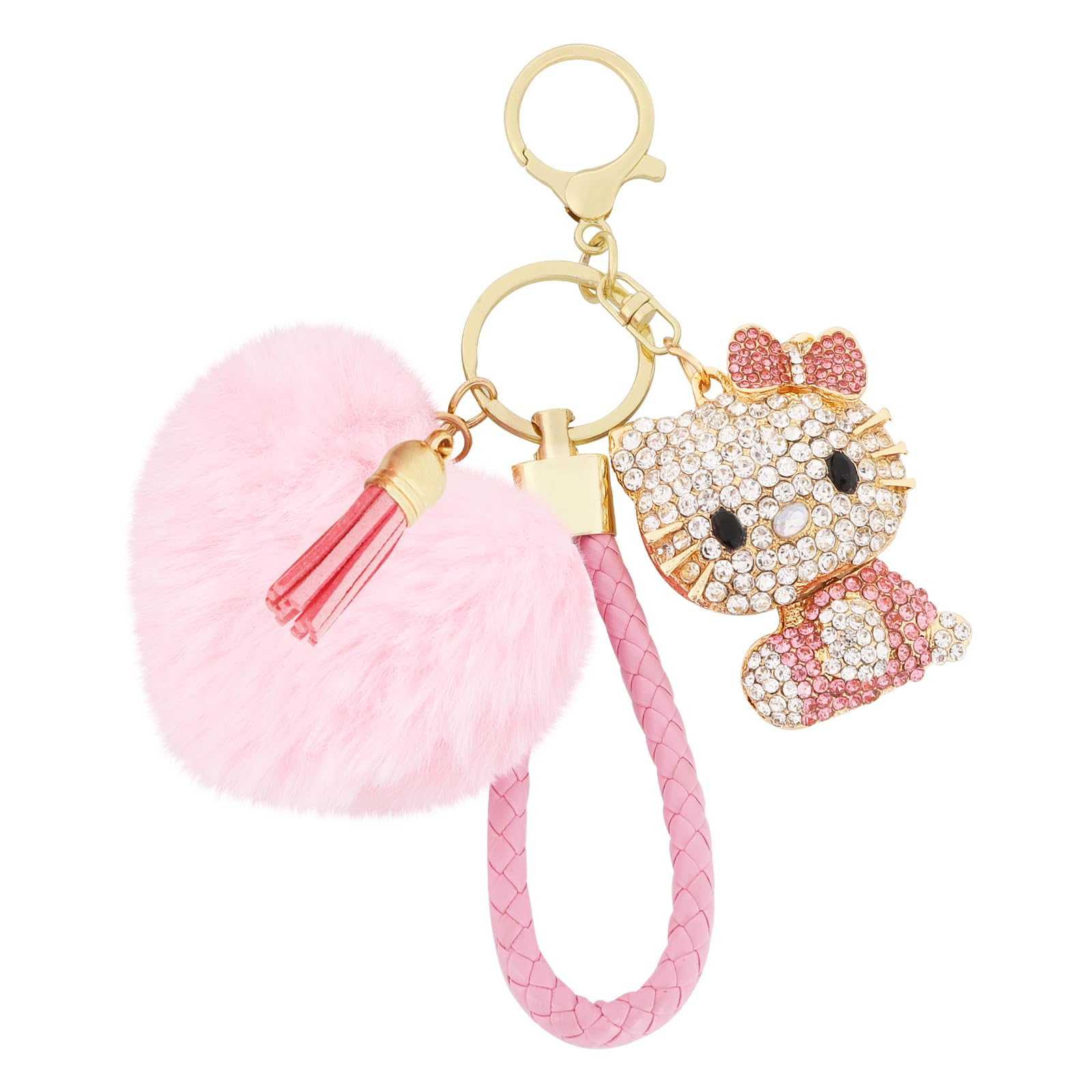 Cute Bling Rhinestone Keychain Gift with Poom Poom Plush Ball Tassel Ornament Durable Accessory for womens Handbag,Carkey