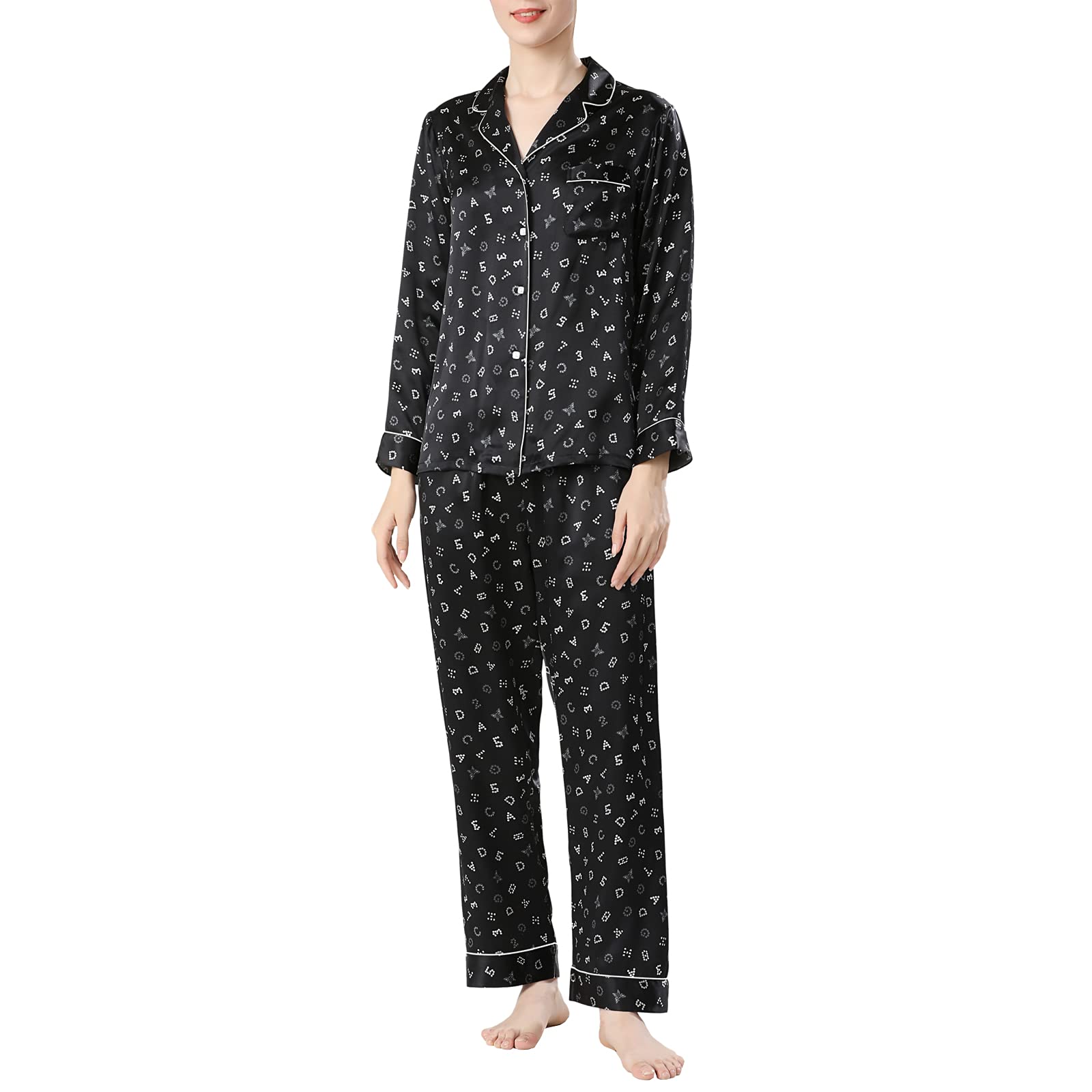 DISSA Sencillo 100% Seda Pijama Conjunto de Pijama Top y Pantalones Capri Pijama de Manga Larga 19 Momme Seda T8267, Negro , 46