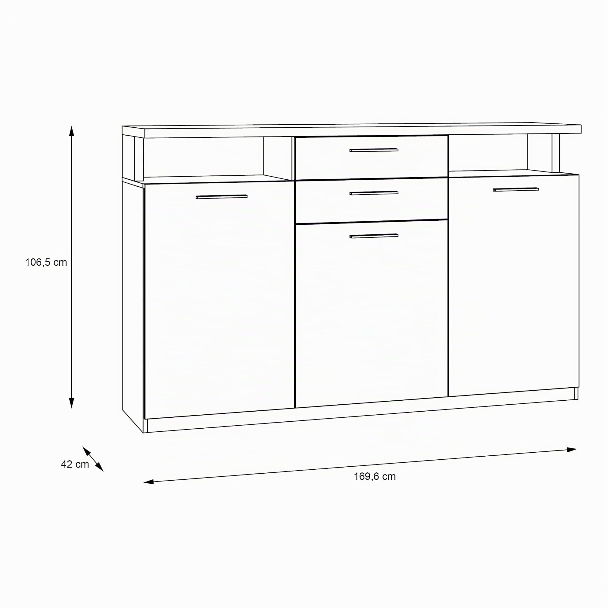 Forte WOY Sideboard 170, modernes Sideboard mit Ablage-Aufsatz, 3-türig, 2 Schubladen, Wohnzimmer, Flur, Holzwerkstoff, Weiß mit Artisaneiche Holzdekor, 169,6 cm breit x 106,5 cm hoch x 42 cm tief