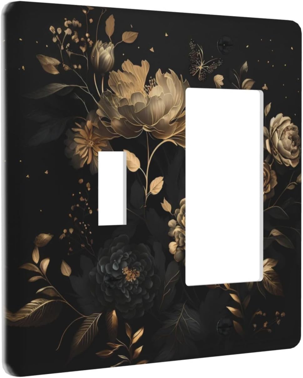Black Gold Rose Floral Peony Flower Leaves Butterfly 2 Gang Combination Light Switch Covers Decorative Toggle Rocker/Decora Wall Plate Electrical Receptacle Switchplate Plug Faceplate Decor