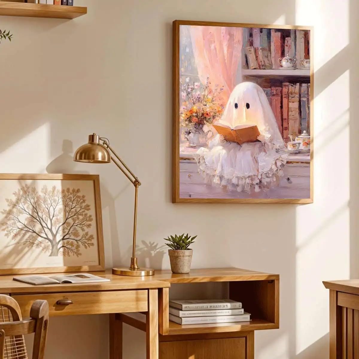 LZJAGXX Póster de Halloween con un lindo fantasma rosa leyendo un libro - Divertido lienzo impreso para la decoración de la sala de estar (60x80cm/marco interior)