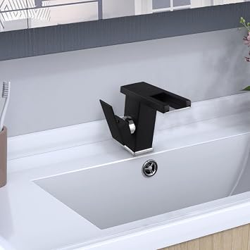 Yuanpgky Waterfall Bathroom Basin Faucet with Luminous Color Changing LED Light, Copper Deck Mount Tap for Modern Washroom(Black)