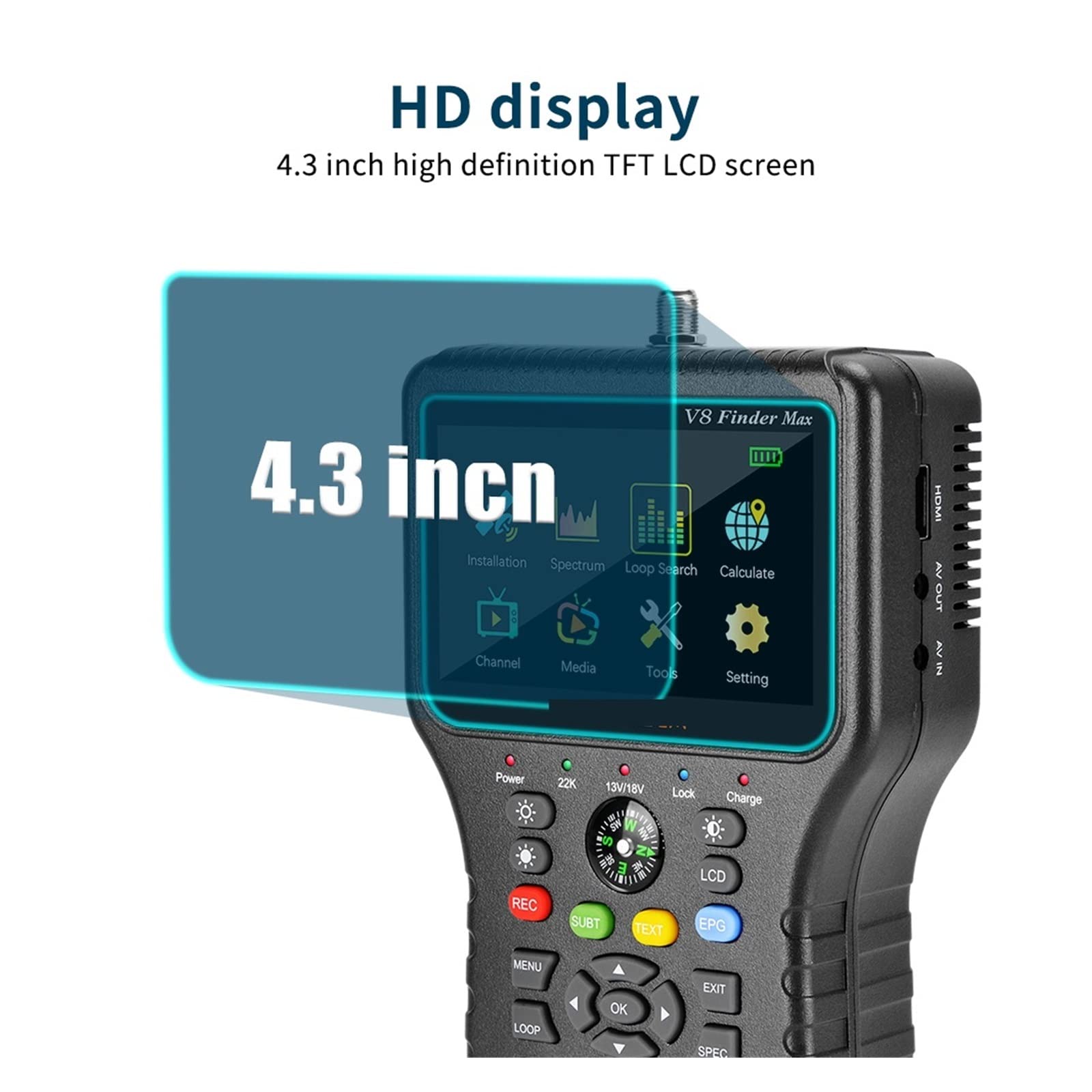 Recherche de Signal Satellite numérique, V8 Finder Max Détecteur de Signal Satellite DVB-S/S2/S2X H.264/H.265 (8 Bits) Localisateur de Satellite 4,3 Pouces HD Récepteur de signaux