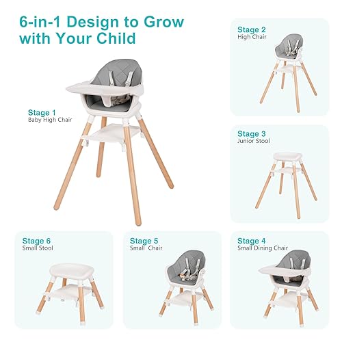 Miniatura 9 de Komcot Silla alta para bebé, sillas altas convertibles de madera 6 en 1 para bebés y niños pequeños, asiento elevador con doble bandeja y reposapiés